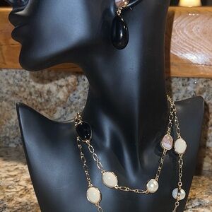 Talbots Gold-Tone Necklace & Drop Earrings with Black and Cream Stones